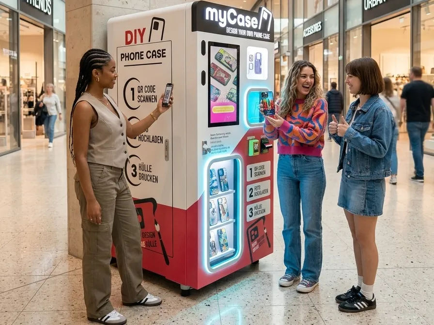 Jugendliche am mycase.design Handyhüllen-Automaten in einem Einkaufszentrum